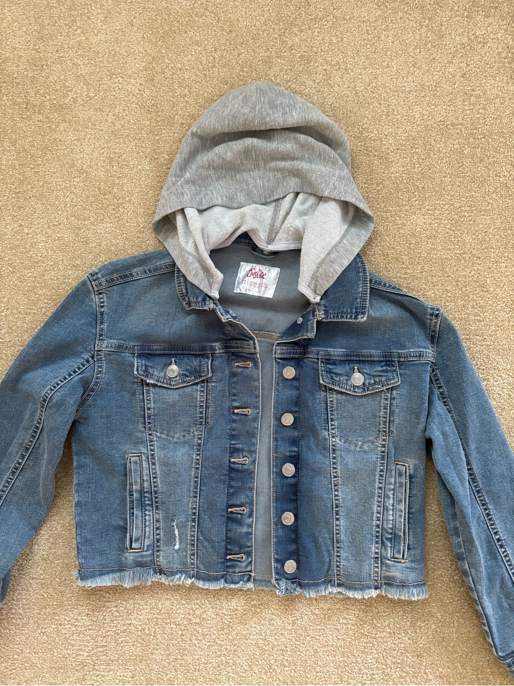 NWOT JUSTICE Kids Blue Denim Jacket with Grey Hood Size 12
